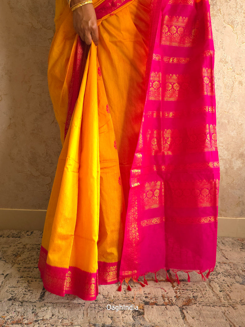 Utsav : Festive Cotton Silk Contrast Saree with Zari Border(Yellow, Pink)