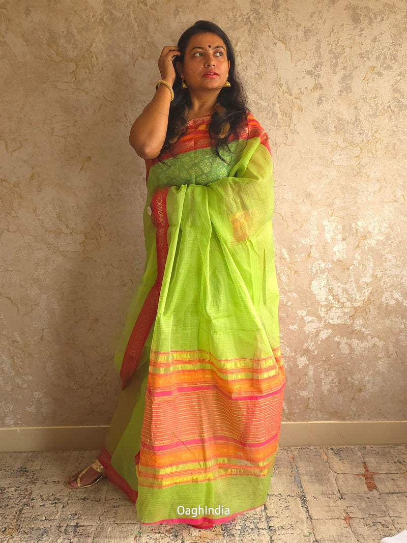 Tamhini: Pure kota doria cotton sarees with exquisite zari chit border ( Parrot Green )