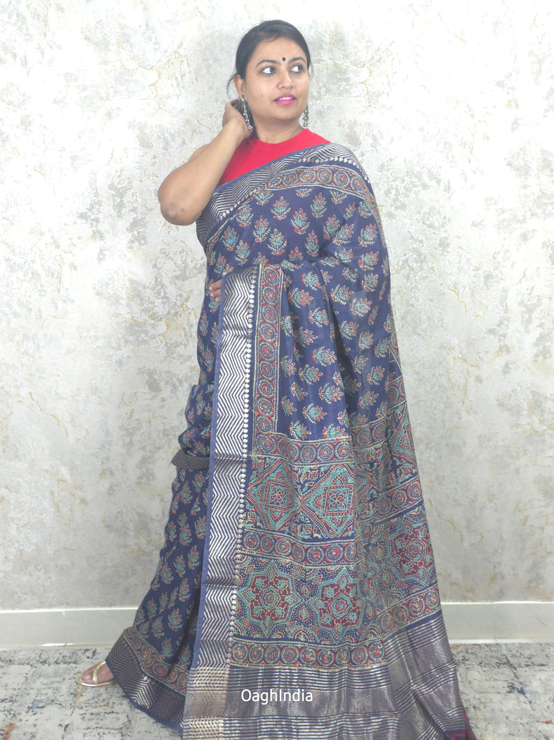 IRA : Ajrakh Handblock print Semi Crepe Saree(Nepthol Blue)