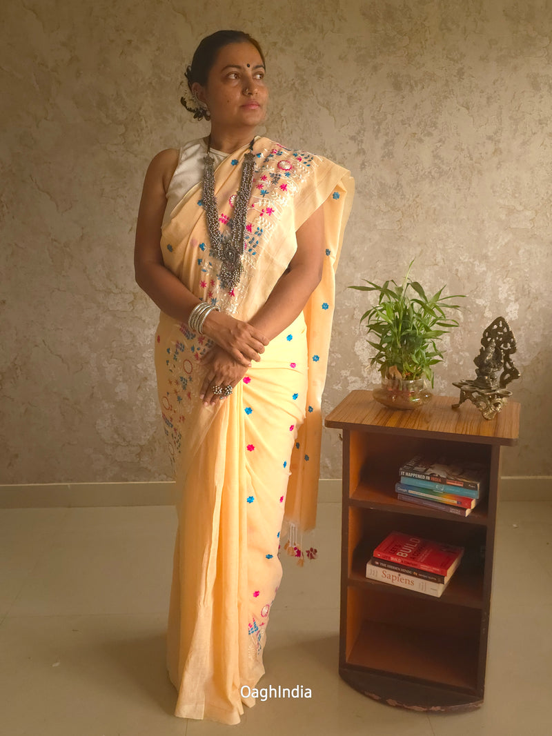 PhoolRani : Soft Khadi Cotton flower embroidery saree (Light Peach)