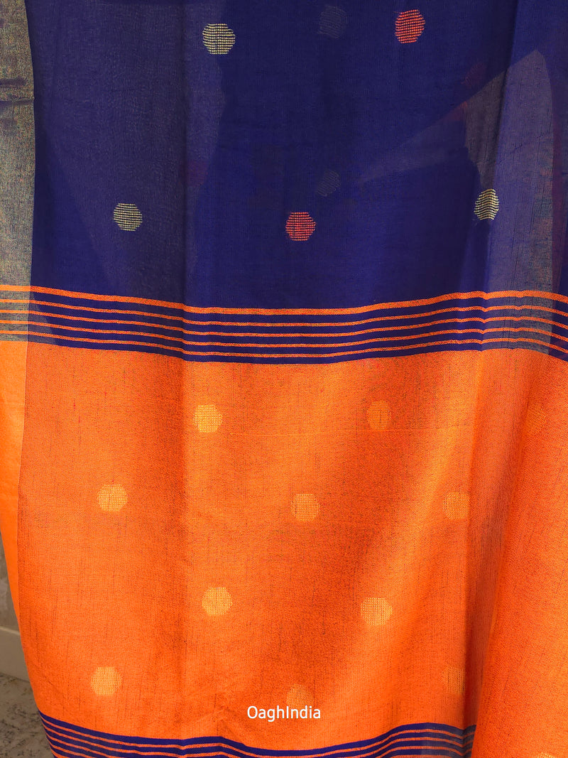 Candy : Beautiful Navy Blue Khadi saree with Orange Pallu and Embroidered balls