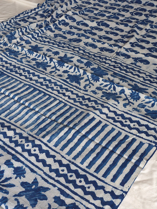 Bosslady - Leaf print White/Indigo Chanderi Cotton Saree