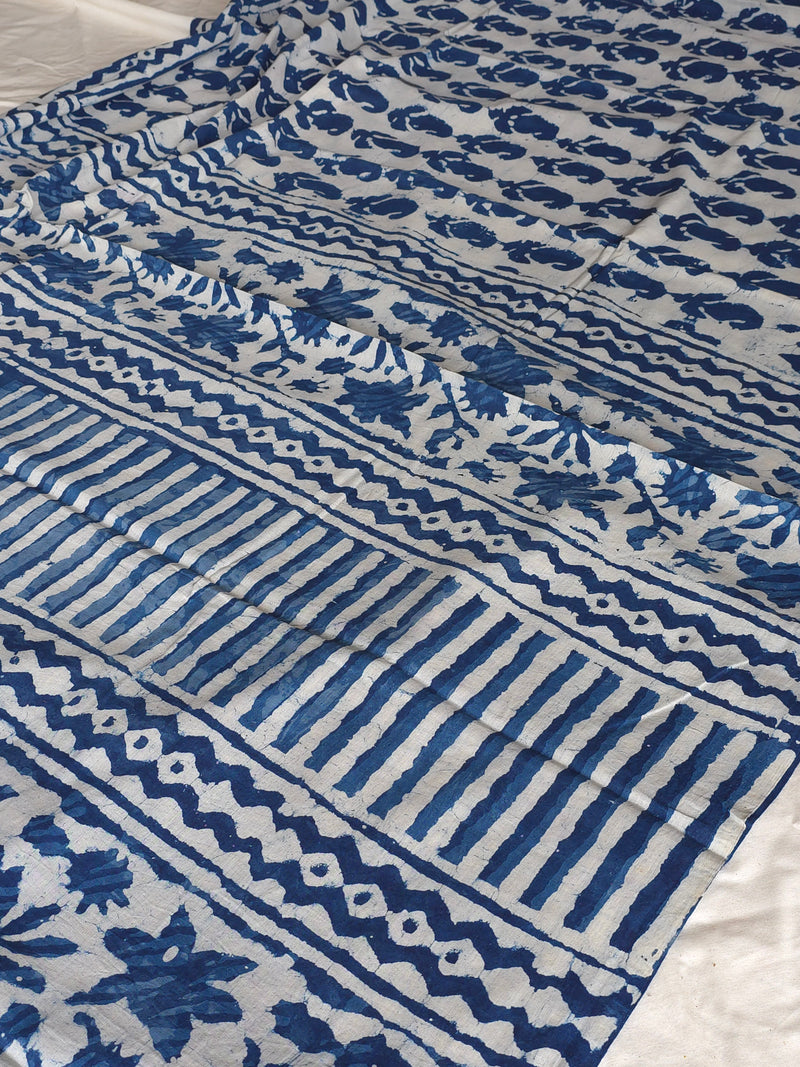 Bosslady - Leaf print White/Indigo Chanderi Cotton Saree