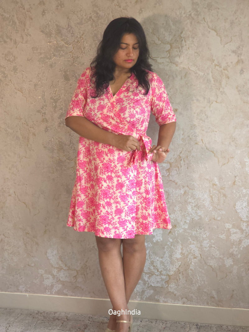 Saanvi Bloom : Floral Wrap Dress(Pink, White)