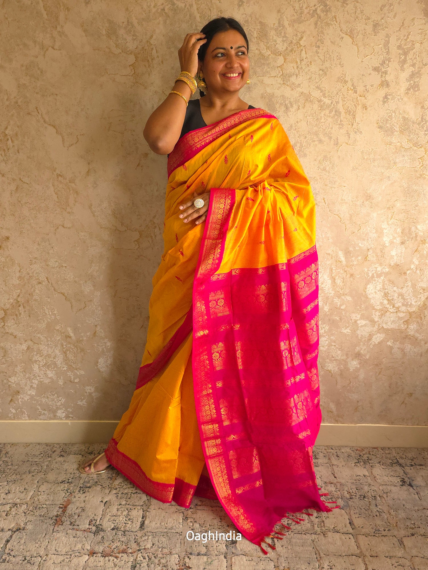 Utsav : Festive Cotton Silk Contrast Saree with Zari Border(Yellow, Pink)