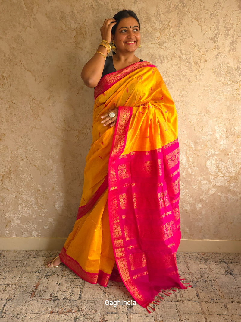 Utsav : Festive Cotton Silk Contrast Saree with Zari Border(Yellow, Pink)