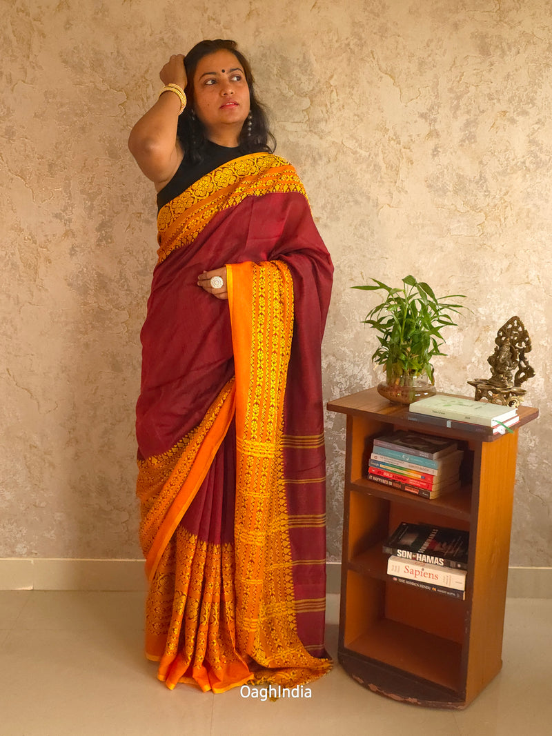 Mukta : Pure Handloom weaved borders Khadi Sarees(Maroon, Yellow)