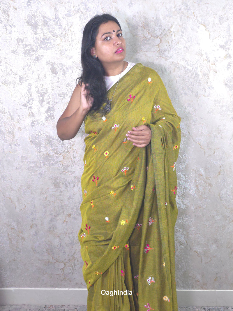 PhoolRani : Soft Khadi Cotton flower embroidery saree (Musturd Green)