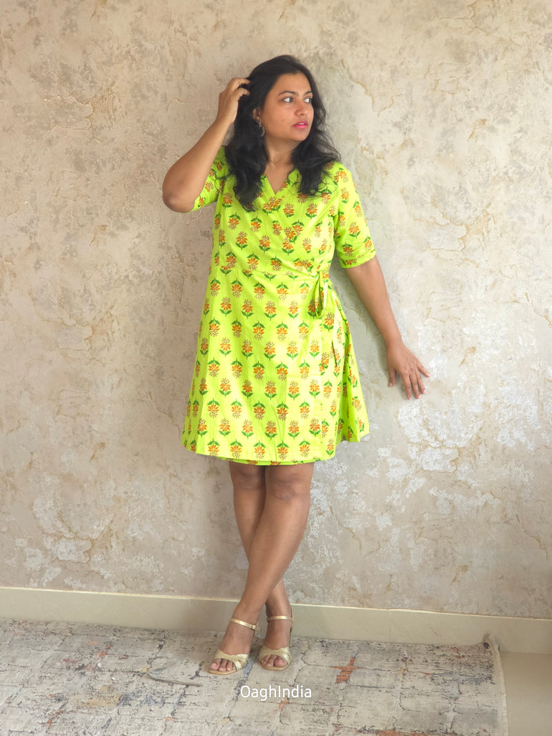 Neon Flair : Floral Wrap Dress(Neon Green)