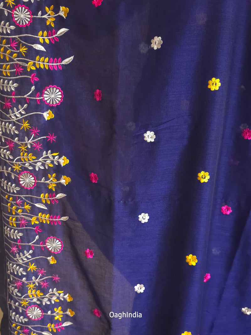 PhoolRani : Soft Khadi Cotton flower embroidery saree (Navy Blue)