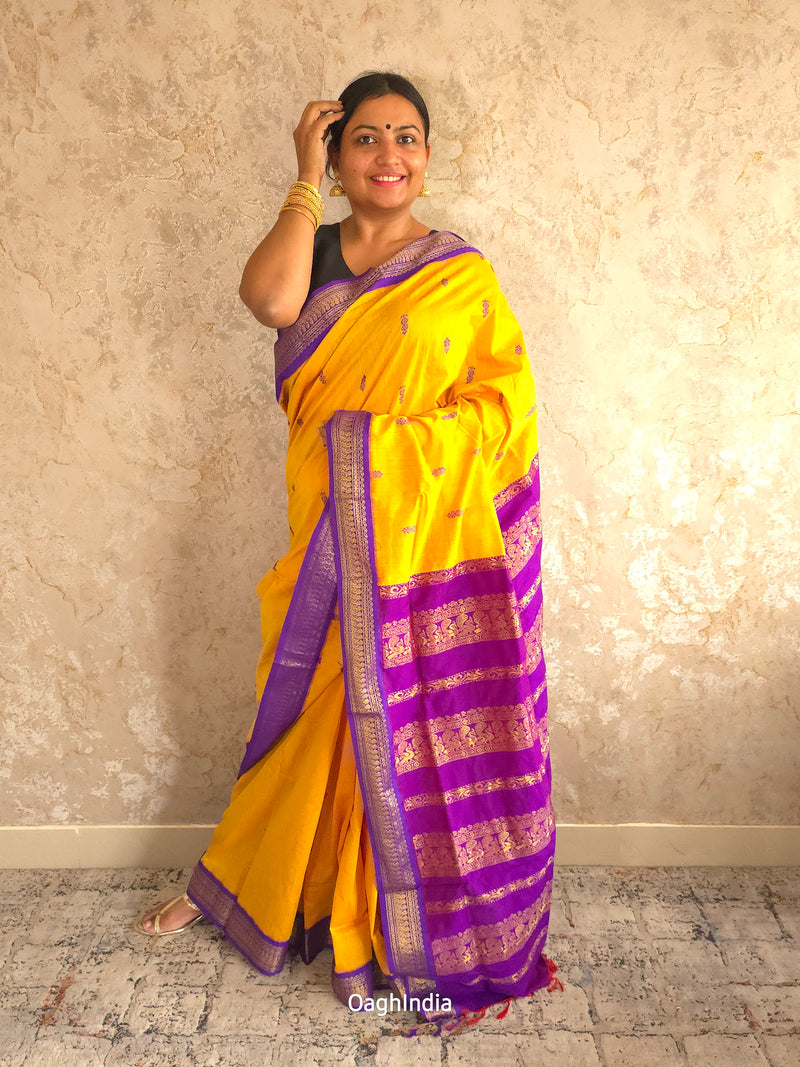 Utsav : Festive Cotton Silk Contrast Saree with Zari Border(Yellow, Purple)