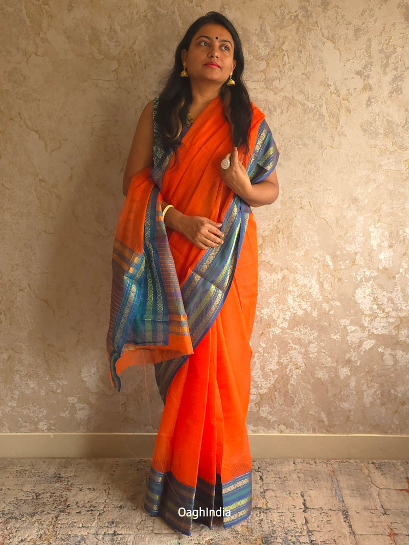 Tamhini: Pure kota doria cotton sarees with exquisite zari chit border ( Fire Orange )