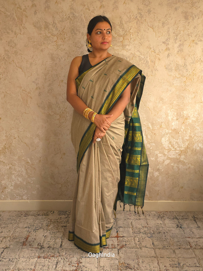 Utsav : Festive Cotton Silk Contrast Saree with Zari Border(Grey, Green)