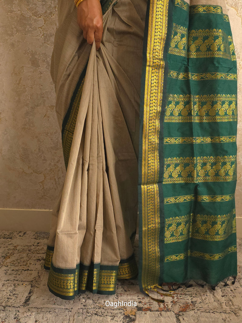 Utsav : Festive Cotton Silk Contrast Saree with Zari Border(Grey, Green)