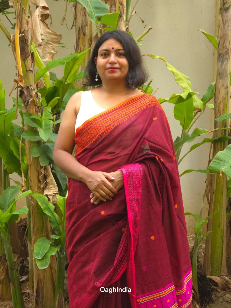 Ruhani – Brown Handloom Pure Cotton Saree with Magenta Pallu and Buti Detailing