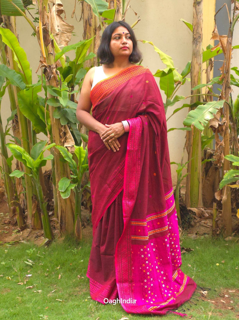Ruhani – Brown Handloom Pure Cotton Saree with Magenta Pallu and Buti Detailing