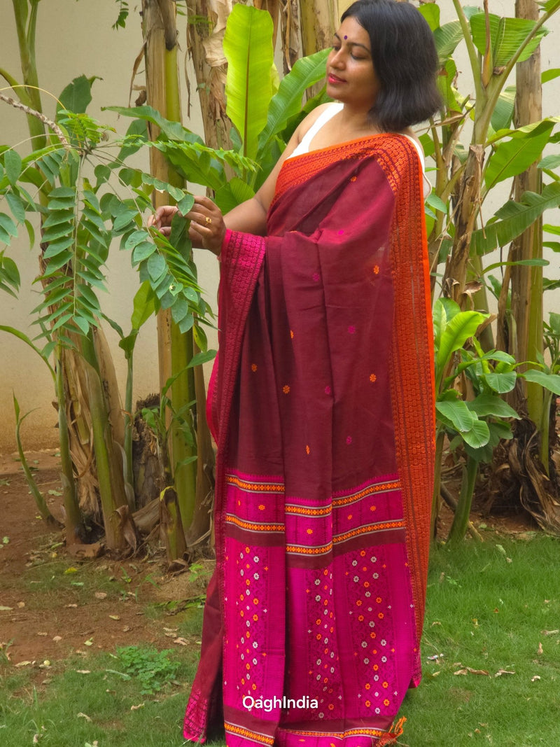 Ruhani – Brown Handloom Pure Cotton Saree with Magenta Pallu and Buti Detailing