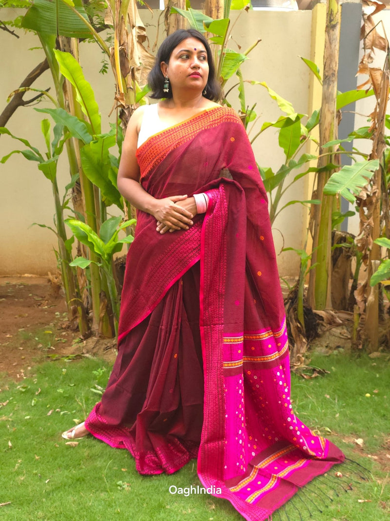 Ruhani – Brown Handloom Pure Cotton Saree with Magenta Pallu and Buti Detailing