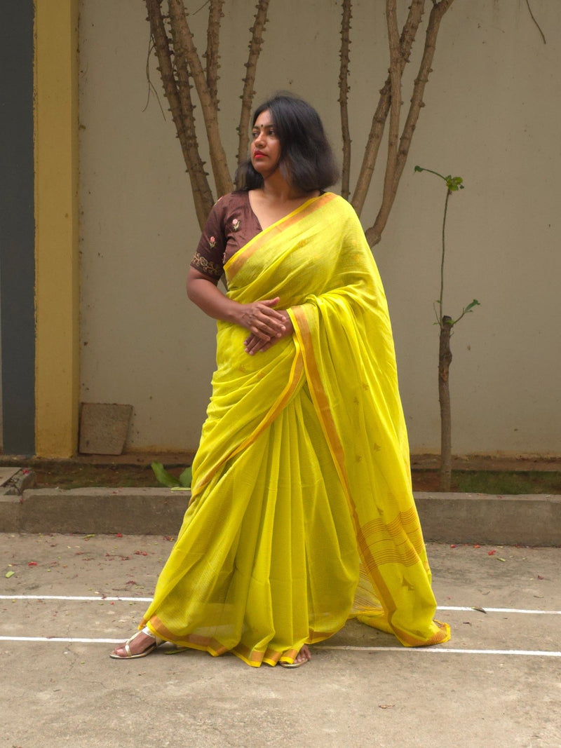 Saanjh – Yellow Cotton Saree with Copper Zari Fish Motifs and Striped Pallu