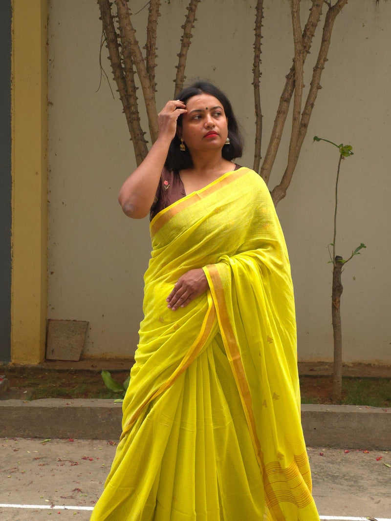 Saanjh – Yellow Cotton Saree with Copper Zari Fish Motifs and Striped Pallu