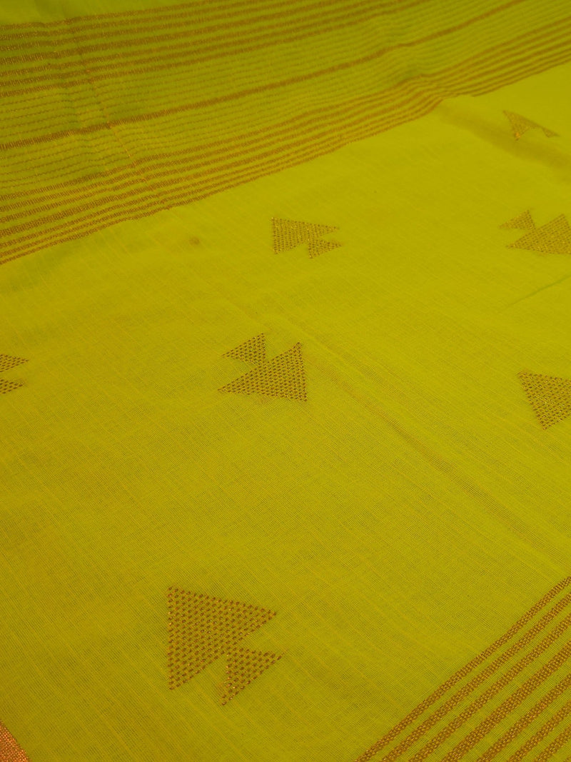 Saanjh – Yellow Cotton Saree with Copper Zari Fish Motifs and Striped Pallu