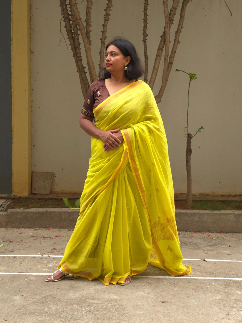 Saanjh – Yellow Cotton Saree with Copper Zari Fish Motifs and Striped Pallu