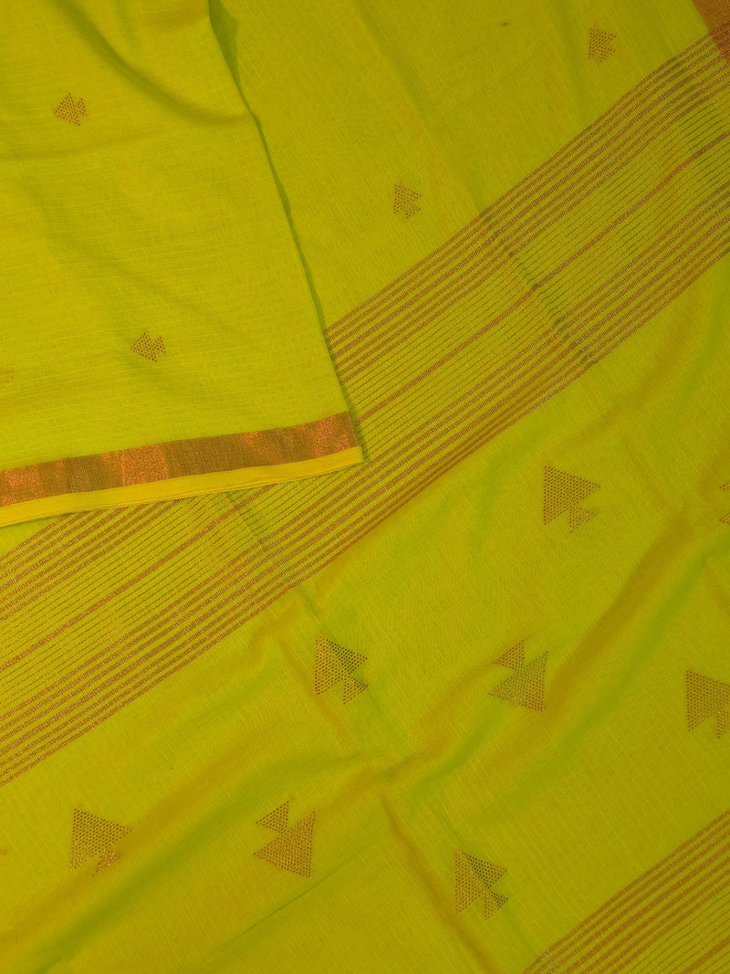 Saanjh – Yellow Cotton Saree with Copper Zari Fish Motifs and Striped Pallu