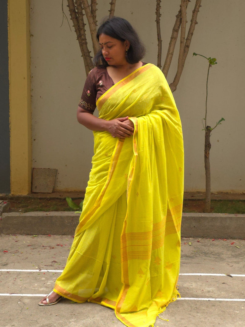 Saanjh – Yellow Cotton Saree with Copper Zari Fish Motifs and Striped Pallu