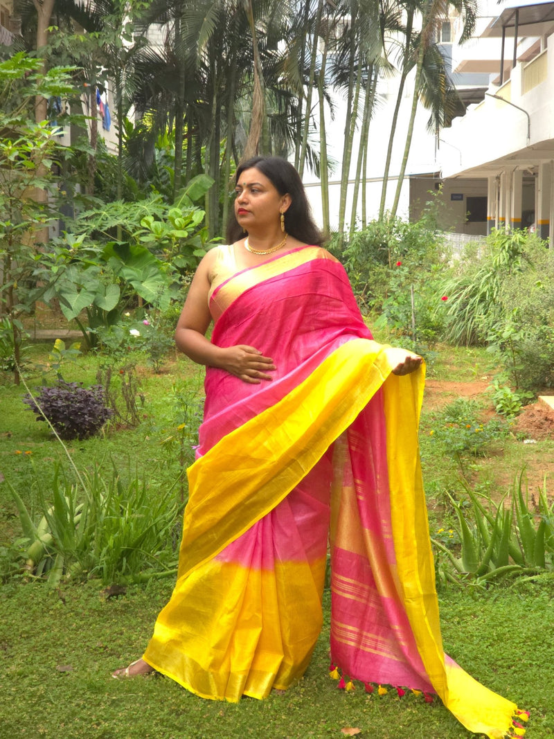Samagam - Authentic Bhagalpur Linen Saree - Oagh India
