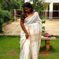 Shubra – Off-White Cotton Saree with Copper Zari Fish Motifs and Striped Pallu