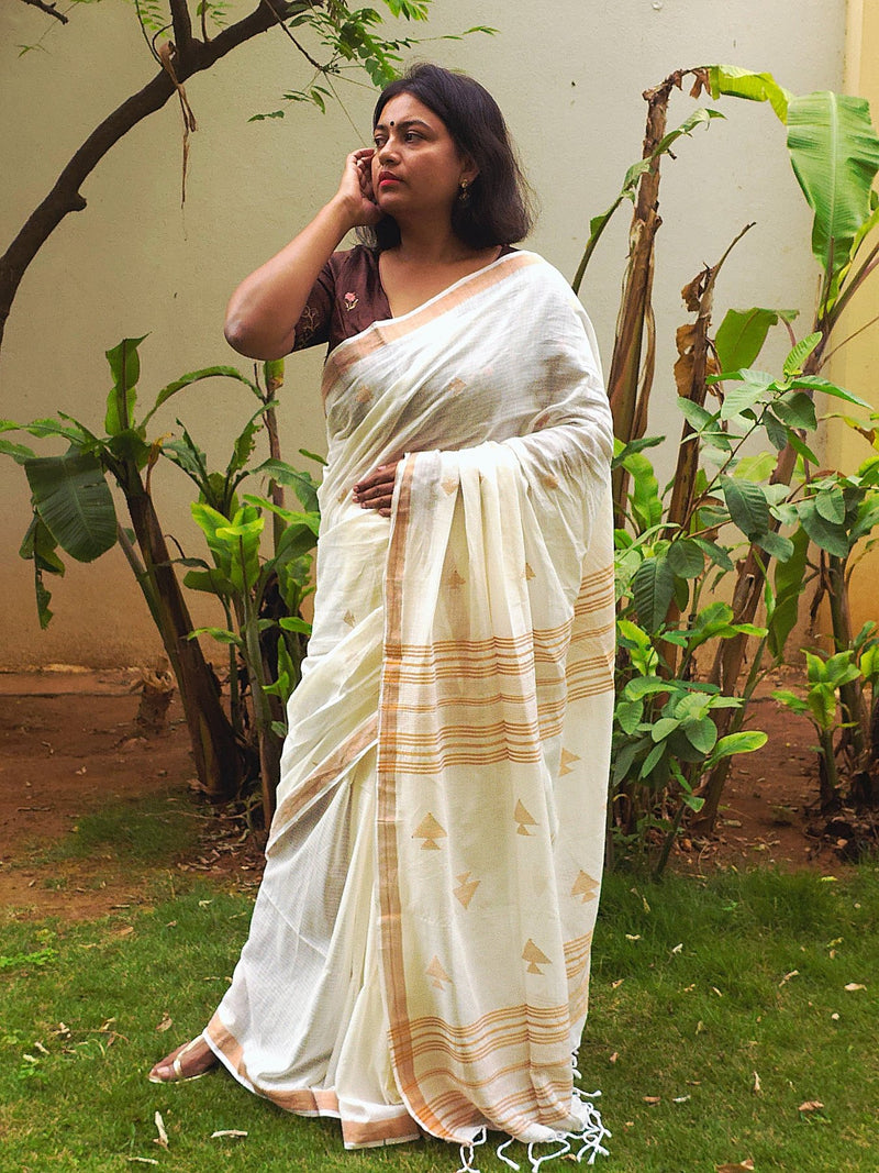 Shubra – Off-White Cotton Saree with Copper Zari Fish Motifs and Striped Pallu