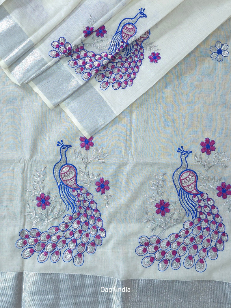 Silver Peacock : Traditional Onam Saree From Kerala