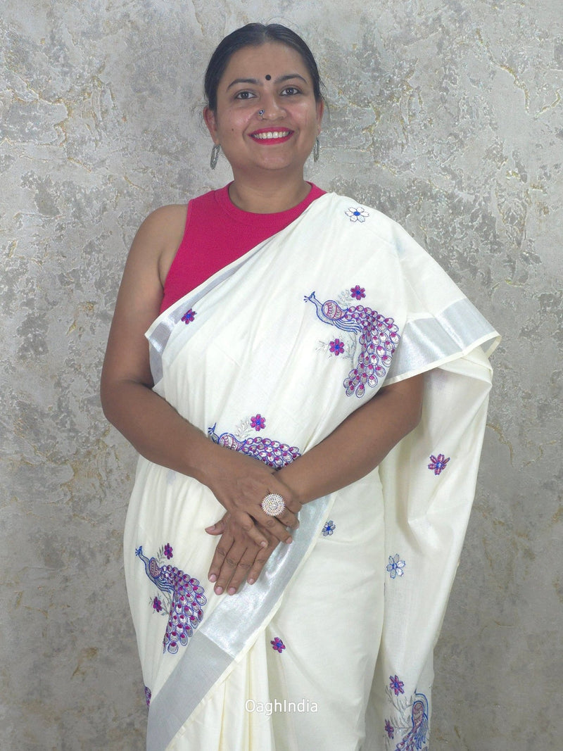 Silver Peacock : Traditional Onam Saree From Kerala