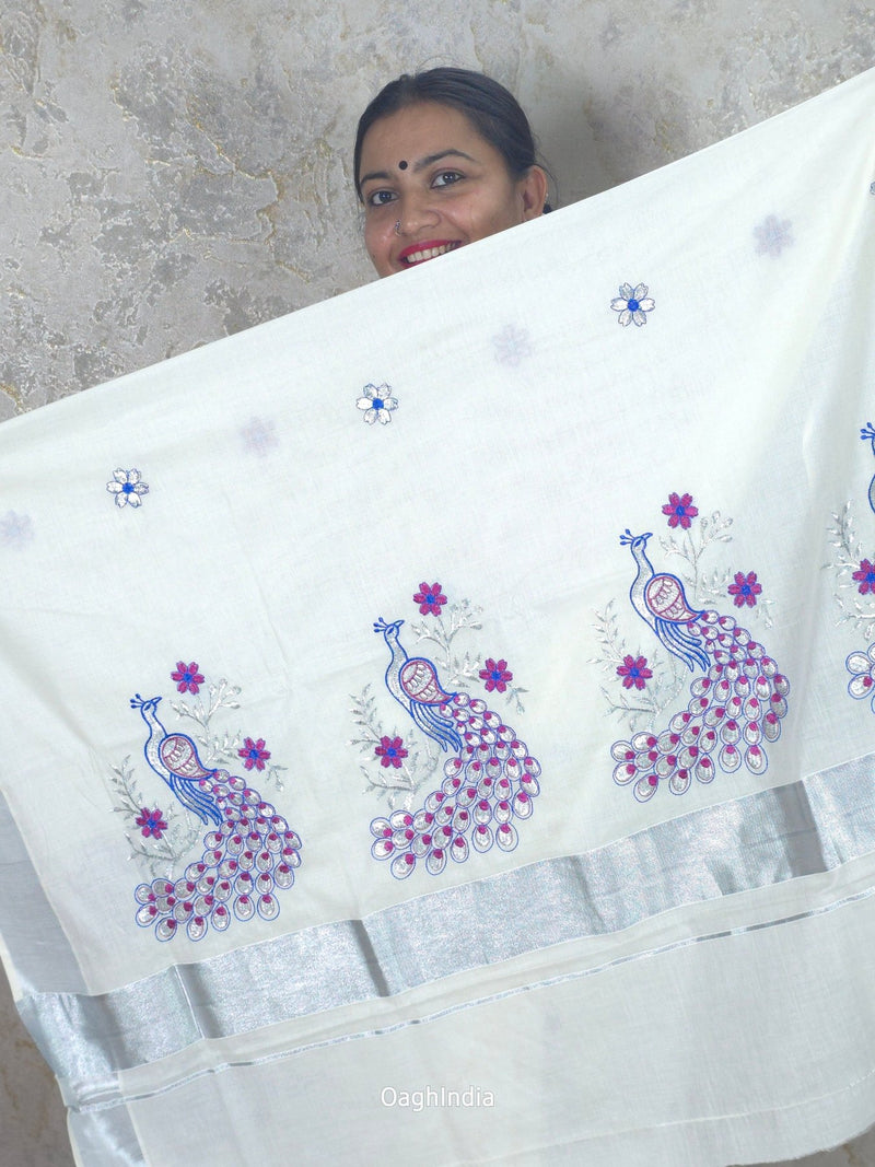 Silver Peacock : Traditional Onam Saree From Kerala