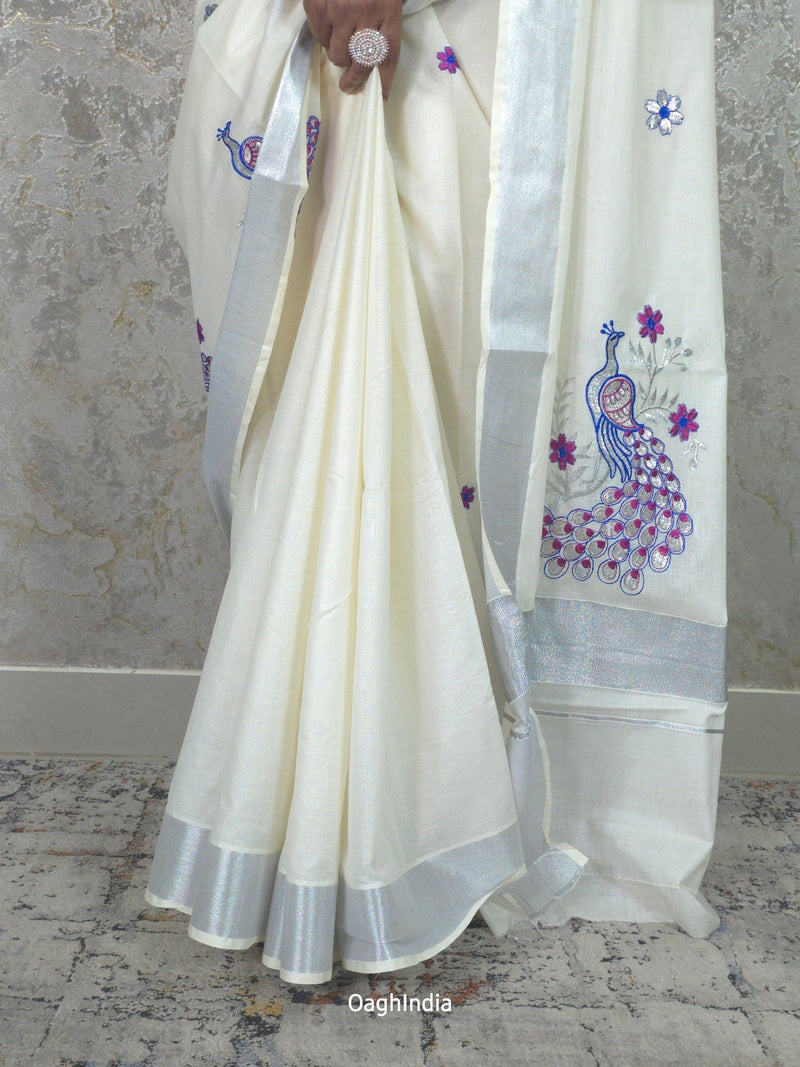 Silver Peacock : Traditional Onam Saree From Kerala