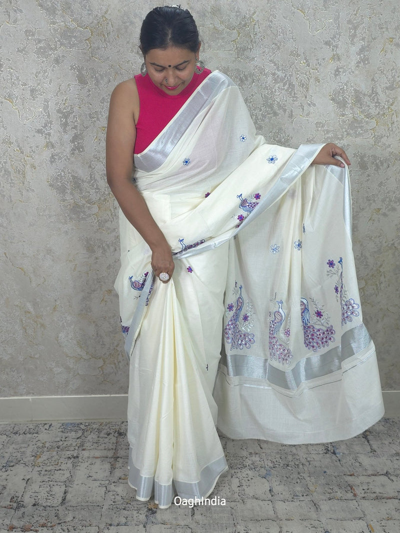 Silver Peacock : Traditional Onam Saree From Kerala