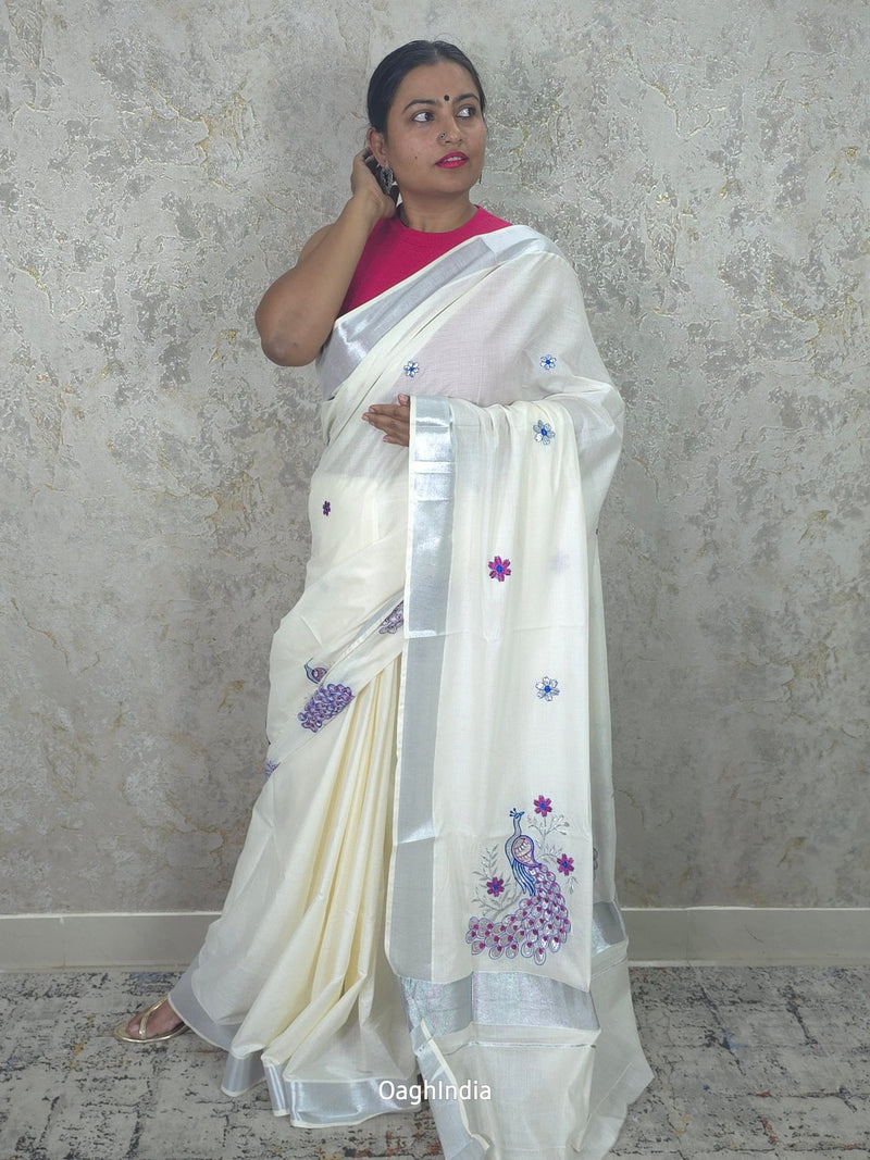 Silver Peacock : Traditional Onam Saree From Kerala