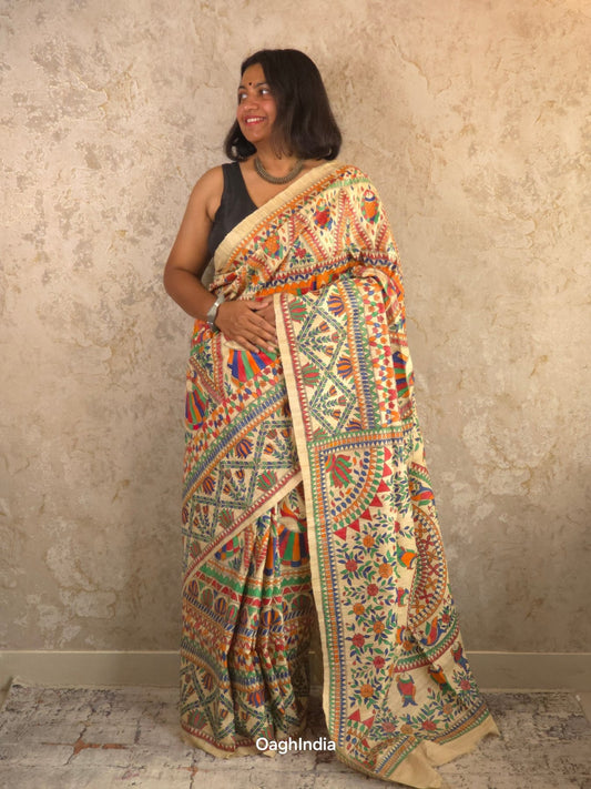 Sita : Pure Silk Hand Painted Madhubani Art Saree (Silk Mark) - Oagh India