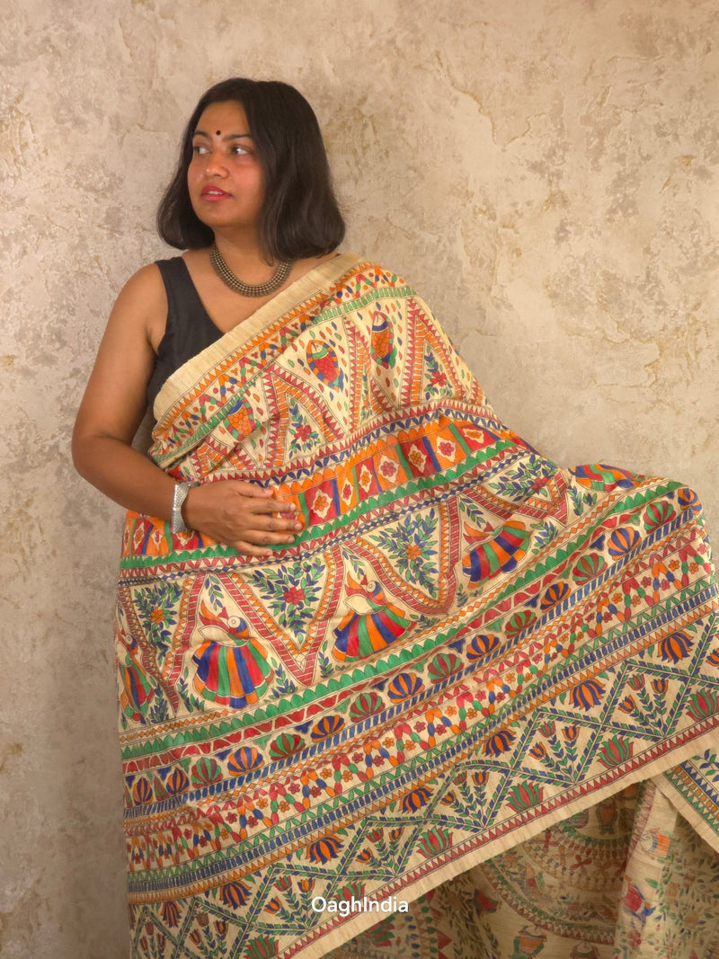 Sita : Pure Silk Hand Painted Madhubani Art Saree (Silk Mark) - Oagh India