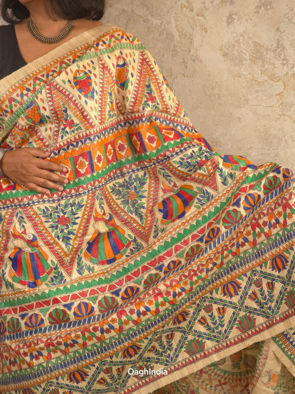 Sita : Pure Silk Hand Painted Madhubani Art Saree (Silk Mark) - Oagh India