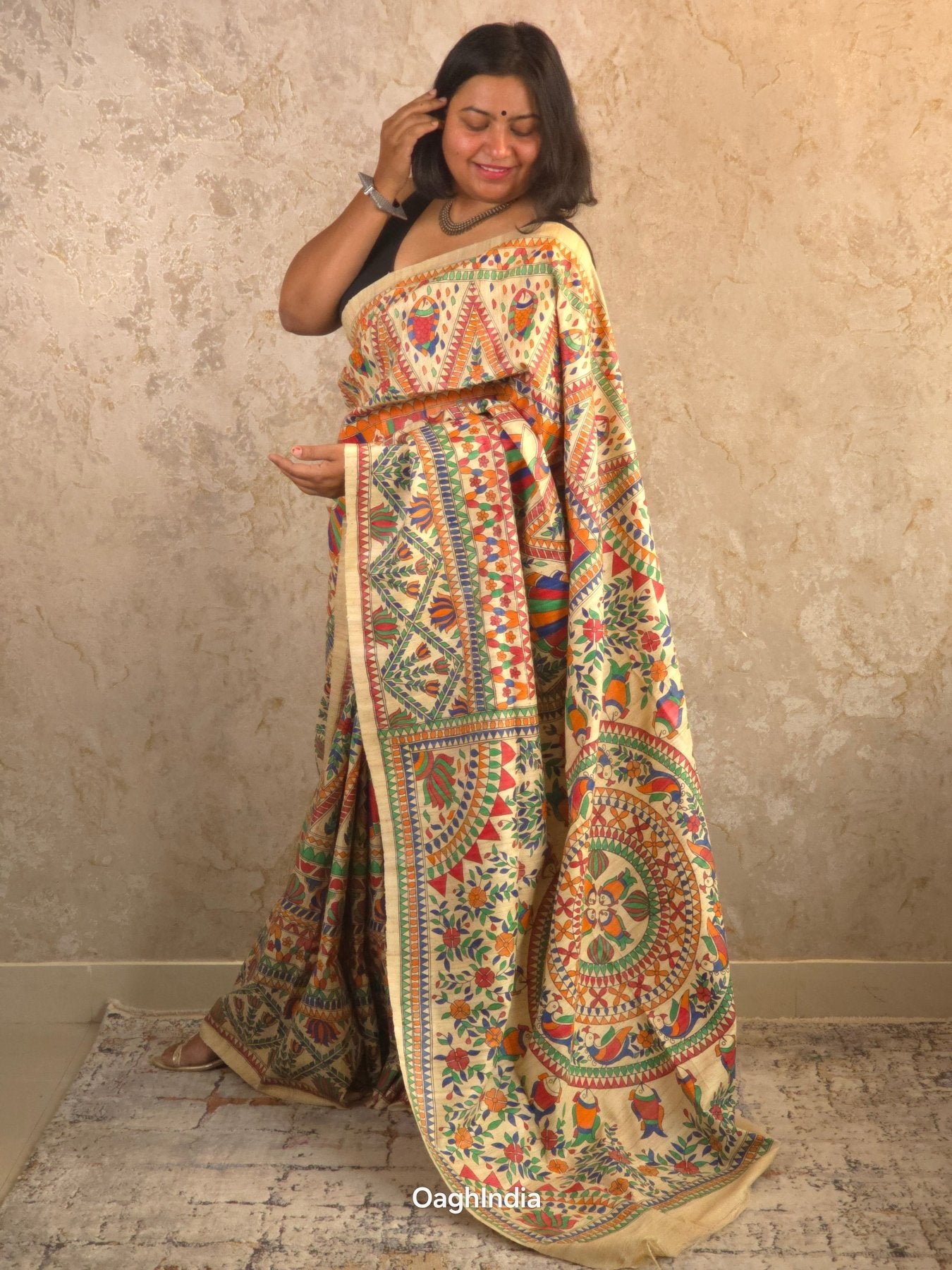 Sita : Pure Silk Hand Painted Madhubani Art Saree (Silk Mark) - Oagh India