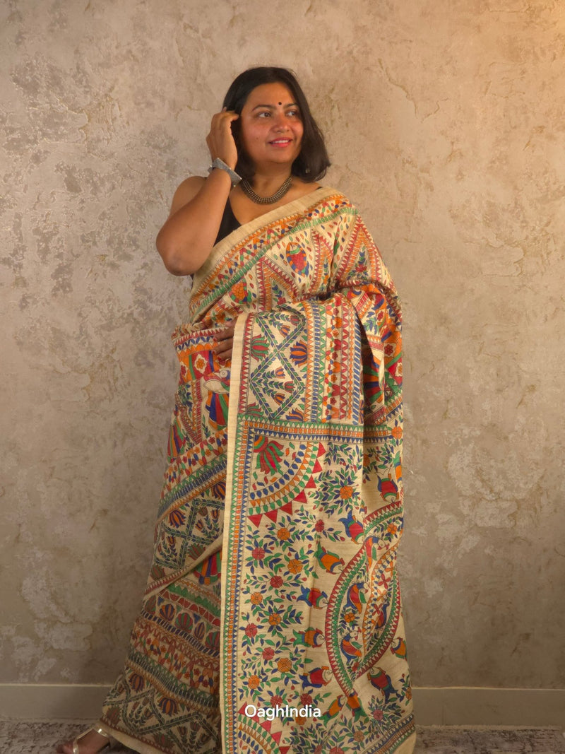 Sita : Pure Silk Hand Painted Madhubani Art Saree (Silk Mark) - Oagh India