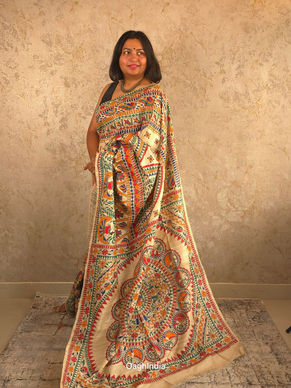 Siya : Pure Silk Hand Painted Madhubani Art Saree (Silk Mark) - Oagh India