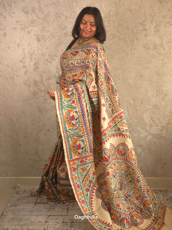 Siya : Pure Silk Hand Painted Madhubani Art Saree (Silk Mark) - Oagh India