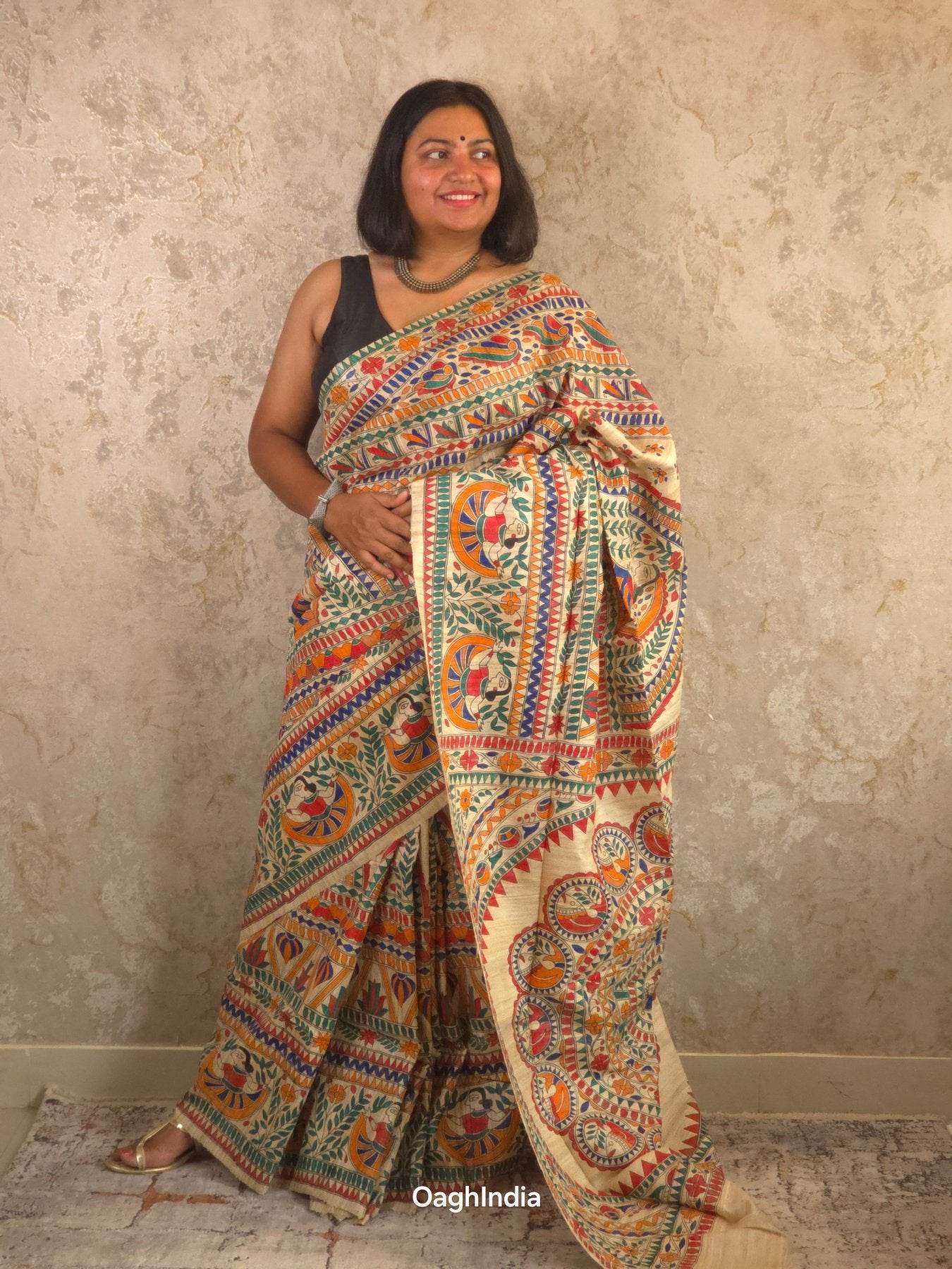 Siya : Pure Silk Hand Painted Madhubani Art Saree (Silk Mark) - Oagh India