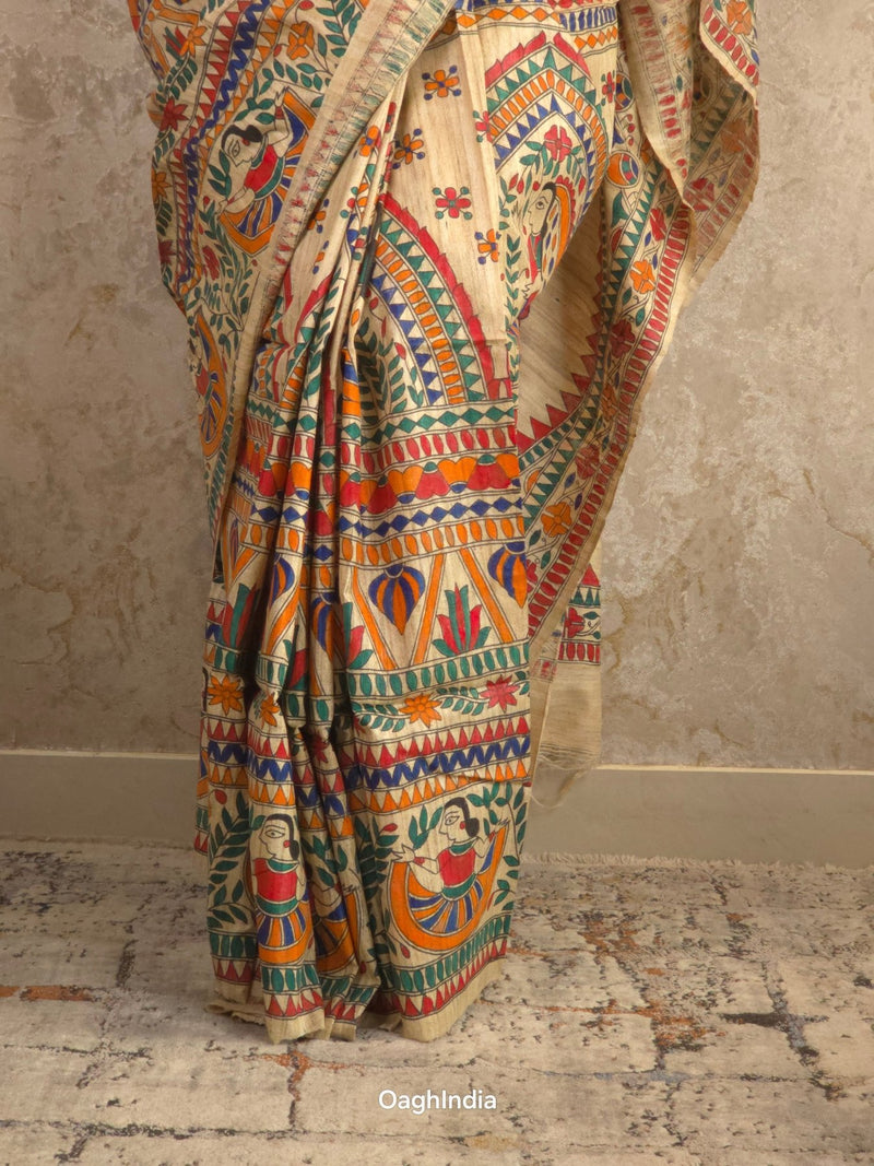 Siya : Pure Silk Hand Painted Madhubani Art Saree (Silk Mark) - Oagh India