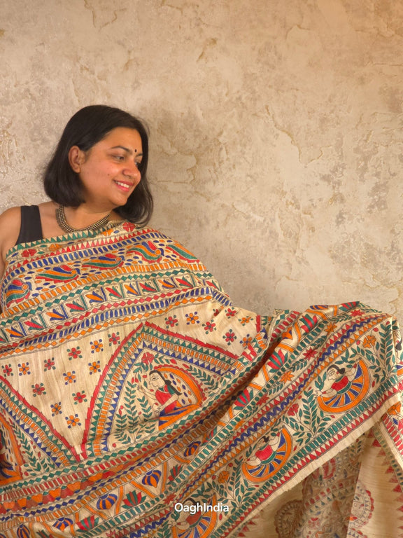 Siya : Pure Silk Hand Painted Madhubani Art Saree (Silk Mark) - Oagh India