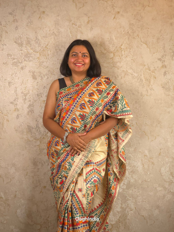 Siya : Pure Silk Hand Painted Madhubani Art Saree (Silk Mark) - Oagh India