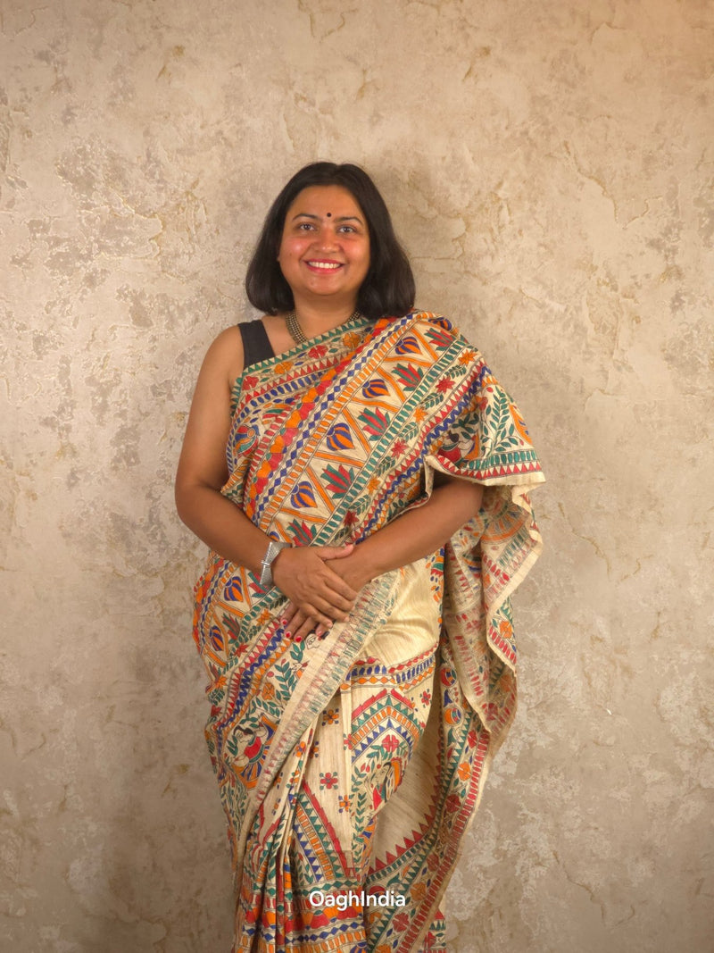 Siya : Pure Silk Hand Painted Madhubani Art Saree (Silk Mark) - Oagh India