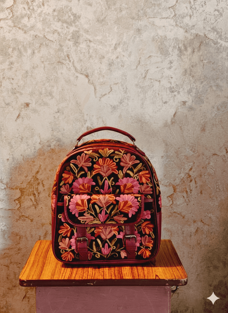 Soni - Kashmiri Backpack – Black | Velvet Floral Embroidered Backpack for Women - Oagh India